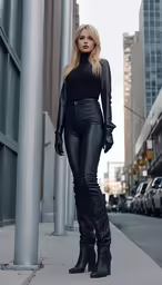 woman posing in high heel boots and black outfit
