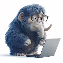 a large stuffed monkey sits in front of a laptop