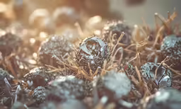 a bunch of metal balls in some grass