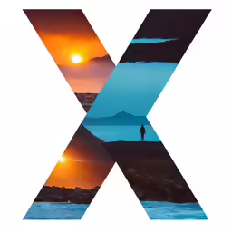 the letter x in front of a photo of the sunset