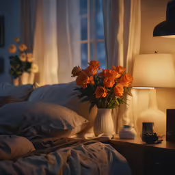 bright orange flowers in vases in a dim light room
