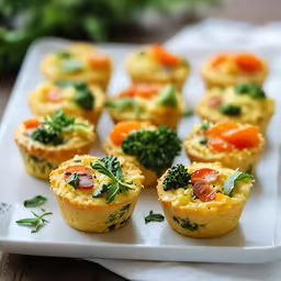 many vegetable and cheese mini cakes on a white plate