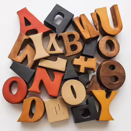 assorted wooden and letter shapes laid out in a pile
