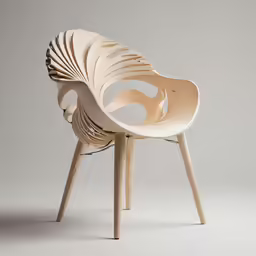 a modern chair with carved wood legs and a curved shell shaped seat
