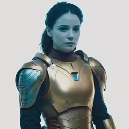the actress wearing armor is posed for a photo