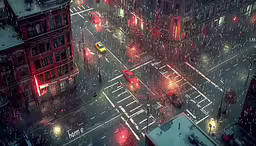 an intersection with buildings on a snowy night,aerial view of city street with traffic lights during rainy