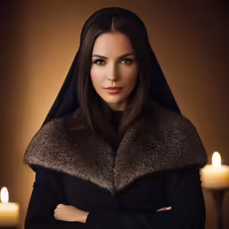 a woman in a black and brown coat and candle