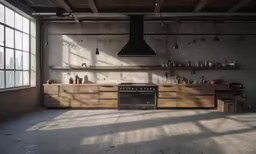 there are two open shelves in this kitchen