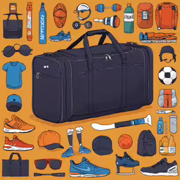 a suitcase is displayed next to other items,a poster of the inside of a bag