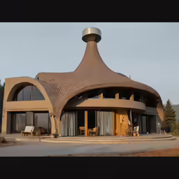 a circular house sitting next to a wooded area