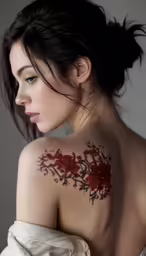 a girl with very large flower tattoos on her upper back