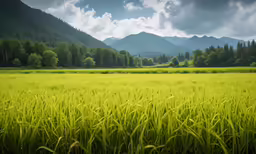 a large field of green grass with mountains in the background