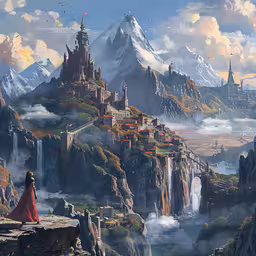 an image of a woman overlooking a castle with mountains in the background,a picture of a fantasy setting with mountains, water and castle buildings