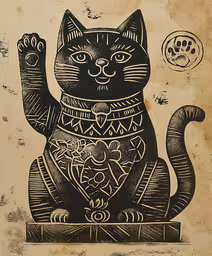 a black cat sits on the table in front of a clock,an image of a cat with an intricate pattern