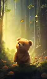 there is a brown bear in the woods with a butterfly flying,a small brown teddy bear standing next to flowers in the woods
