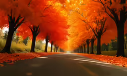 a road is surrounded by many trees with bright yellow leaves on the ground