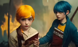 two boys are standing next to each other with orange hair