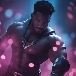 a man with black hair and a leather belt on his chest