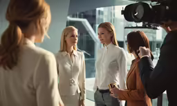 three women talking to each other, two are standing and the other is making pictures on a camera