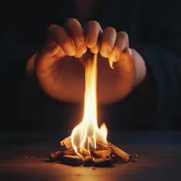person holding out their hands over a small fire