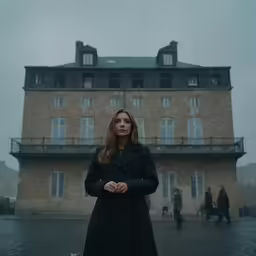 a young woman standing in front of a tall building