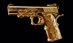 a close up of a shiny gold and black gun
