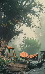 a camping table next to a big tree with some chairs