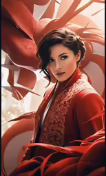 a woman is posing in a red dress