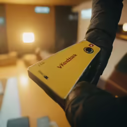 person holding small yellow box in open area with bright light