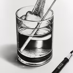 an ink - filled glass with ice and a pencil