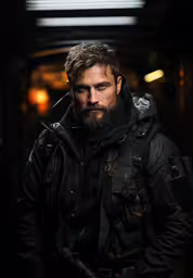 the man wearing the leather jacket stands in a tunnel,a man with a beard wearing leather and jacket