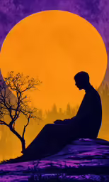 a person is sitting on a rock and looking at the moon