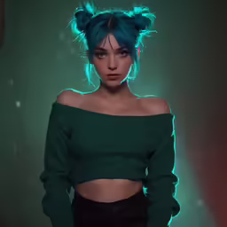 a person with blue hair and green hair wearing a top