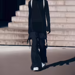 the model is walking down the catwalk wearing black