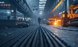 a bus parked in a subway yard next to a building