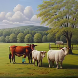 a painting of three animals in a green field,this painting depicts two large cows standing in the grass