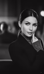 black and white portrait of a woman in suit