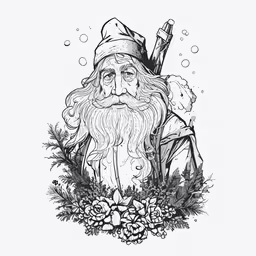 an image of a santa claus in black and white,the image of wizard with his staff and book