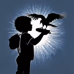 the little boy is holding a bird that is perched on his hands,a boy holding onto an eagle and a backpack