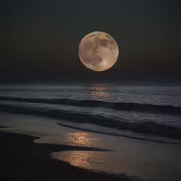 there is a bright full moon rising in the sky above the ocean