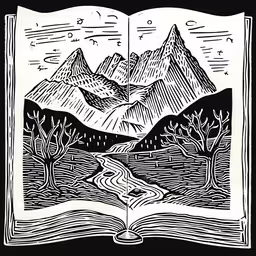 a drawing of mountains and trees are shown in this black and white drawing,a book with an illustration of two mountains on the cover