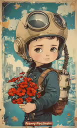 a cartoon girl wearing a gas mask with flowers