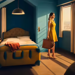 woman in yellow dress holding bag next to bed