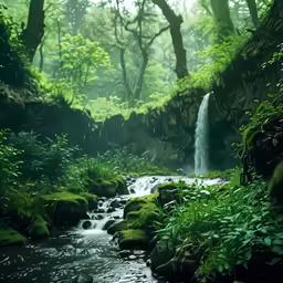 a waterfall that is in a lush green forest