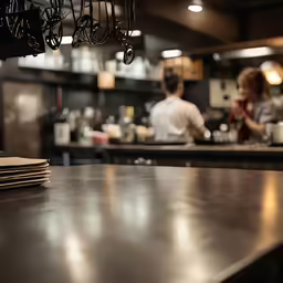 a restaurant counter top and a cook in the background
