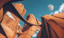 looking up at the sky and the moon above rocks