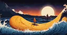 a boat with a man in the ocean and a woman riding it,there is a man riding a boat in the ocean