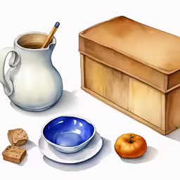 a drawing of coffee and candy, near an old chest