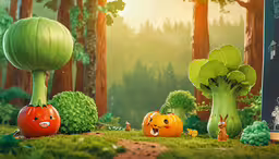 a collection of vegetables being displayed in a 3d animation style,a 3d image of different vegetables that look like cartoon characters