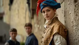 two people wearing headgear against the side of a building